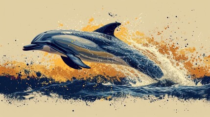 Wall Mural -  a painting of a dolphin jumping out of the water with splashes of water on it's back legs.