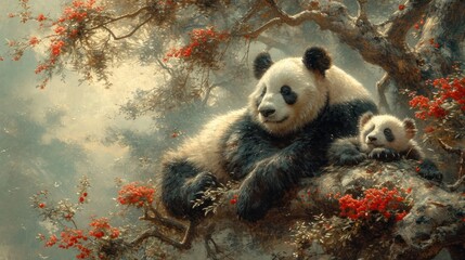 Poster -  a painting of two panda bears sitting on a tree branch with red flowers in the foreground and a foggy sky in the background.