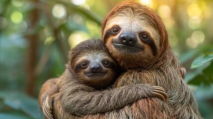 Wall Mural -  a mother sloth holding her baby in her arms in front of a green leafy background with sunlight streaming through the leaves.