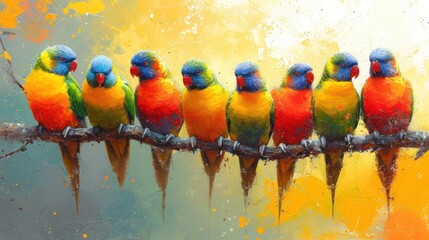 Sticker -  a painting of a group of colorful birds sitting on a branch in front of a yellow, orange, and blue background.