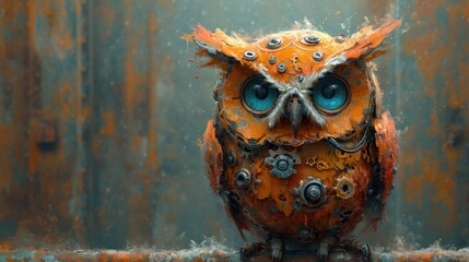 Poster -  an orange and black owl with blue eyes sitting on a window sill in front of a rusted metal background.