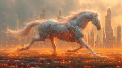 Poster -  a digital painting of a horse running in a field with a cityscape in the background in the foreground.