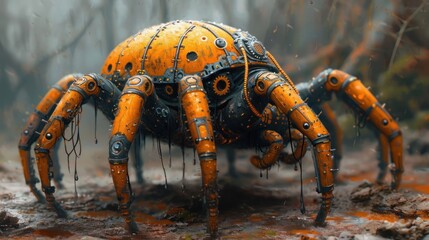 Poster -  a large orange spider sitting on top of a forest floor in front of a forest filled with lots of trees.