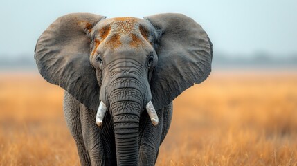 Canvas Print -  a close up of an elephant in a field of tall grass with a blue sky in the background and brown grass in the foreground.