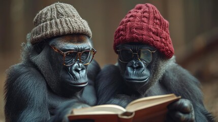 Wall Mural -  two chimpan monkeys wearing glasses and a red hat are sitting next to each other and reading a book.