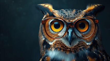 Canvas Print -  a close up of an owl wearing a pair of glasses with yellow and orange lenses on it's face.