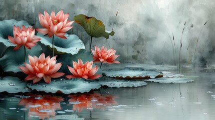 Sticker -  a painting of water lilies and lily pads in a pond with water droplets on the surface of the water.