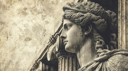 Canvas Print -  a black and white photo of a statue of a woman's head on the side of an old building.