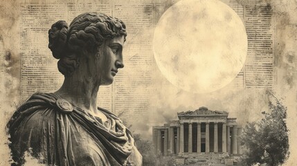 Canvas Print -  a black and white photo of a statue in front of a building with a full moon in the sky above it.