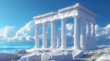 Poster -  a group of white pillars sitting on top of a rocky hillside next to a body of water under a cloudy blue sky.