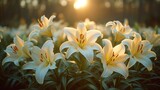 Fototapeta Kwiaty - Golden hour tranquility with blooming white lilies in a serene garden