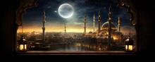 Ramadan Kareem Religious Scene With Mosque In The Distance Generative Ai