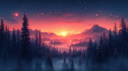 Wall Mural -  a painting of the sun setting over a mountain range with trees in the foreground and stars in the sky.