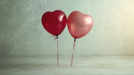 Poster -  a couple of red balloons sitting next to each other on top of a cement floor with a green wall in the background.