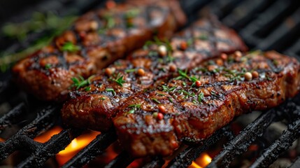 Poster -  a close up of steaks cooking on a bbq grill with flames and garnishes on it.