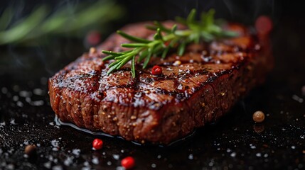 Poster -  a piece of steak with a sprig of rosemary on top of it on a black surface with red and green sprinkles.