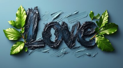 Poster -  the word love is made up of black paint and green leaves on a blue background with the word love made up of black paint and green leaves on a blue background.