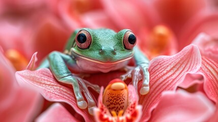 Wall Mural -  a close up of a frog on a flower with a background of pink flowers and a pink flower in the foreground.