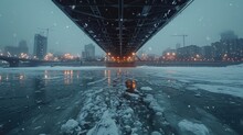 Frozen River, Wide Shot Of A City River Turned To Ice, Bridges Overhead.