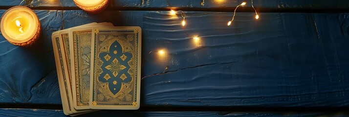 tarot cards on a blue wooden with candles, astrology, Esoteric, banner with copy space for text