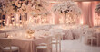 
Incredible beautiful wedding reception, high-class elegant event, set tables, lighting, breathtaking, exquisite pink glow