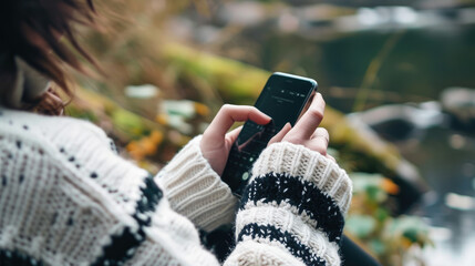 Canvas Print - Close-up of a person's hands holding a smartphone, with the focus on the screen and the fingers typing, all set against a blurred natural background.