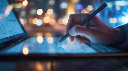 Canvas Print - Close-up of hands using a digital tablet with a stylus pen, with a blurred background