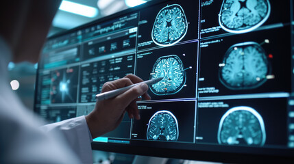 Wall Mural - Medical professional analyzing a series of MRI brain scans displayed on a high-tech digital monitor.