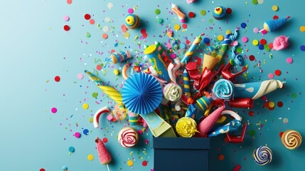 Assortment of colorful party items such as hats, cupcakes, candies, and confetti scattered on a blue background