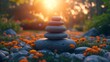 Zen stones in serene garden at sunset with orange flowers