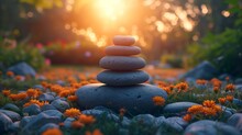 Zen Stones In Serene Garden At Sunset With Orange Flowers