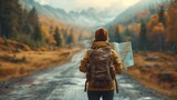 Fototapeta  - Solo traveler with map exploring autumn mountains on a misty day