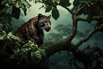 Sticker - A powerful leopard finds a serene perch on top of a sturdy tree branch in its natural habitat, leopard or panther on a tree in the monsoon green jungle, AI Generated