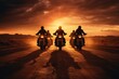 A group of people riding motorcycles down a dirt road in a scenic outdoor setting, group of motorcycle riders riding toghether at sunset, AI Generated