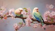 A pair of lovebirds perched on a blooming branch, with space for text placement amidst the vibrant blossoms and the tender avian moment. - Generative AI