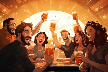 A gathering of individuals enjoying each others company while indulging in beer at a table, group of people cheering and drinking beer at bar pub table, AI Generated