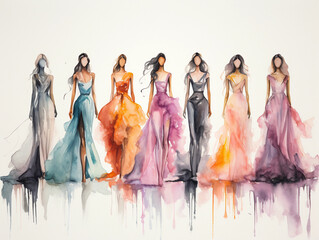 watercolor fashion runway models concept art,