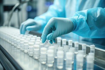 Poster - A person, wearing a lab coat and gloves, is engaging in the process of filling test tubes, hand with sanitary gloves check Medical vials on production line at pharmaceutical factory, AI Generated