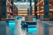 futuristic retail warehouse, completely automated and digitized. Striking shots showcase these Automated Guided Vehicles delivering packages with cutting-edge technology.