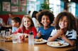 © Iftikhar alam - A diverse group of happy children gathered around a table, enjoying a meal together, Happy students eating food during lunch time in school cafe, AI Generated