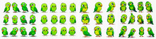 Funny And Adorable Green Parrot Characters For All Ages. Can Be Used In Various Forms Of Media Such As Animations, Stickers And Merchandise. Each Character Has Its Own Unique Personality And Traits.