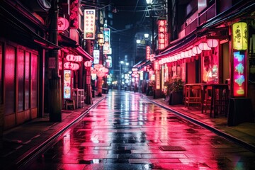 Canvas Print - A bustling city street comes alive at night with mesmerizing neon lights illuminating the surroundings, Japan streets, pink and red lights, AI Generated