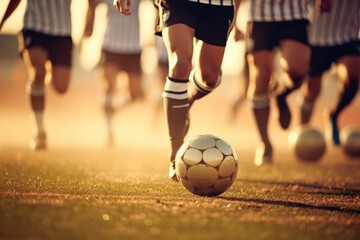 A lively group of individuals enthusiastically playing a game of soccer on a grassy field, Legs of a team of soccer players playing soccer, AI Generated