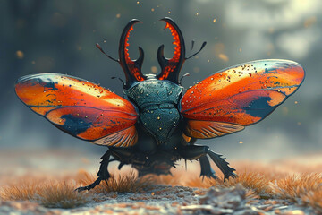 Wall Mural - science fiction nature beetle portrait spreading 3d wings