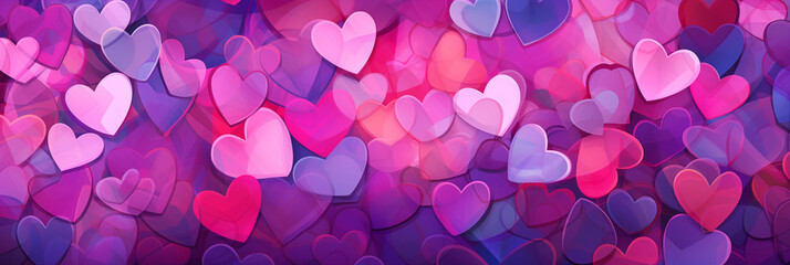 Wall Mural - Purple hearts background banner. Valentine's Day. Panoramic web header with copy space. Wide screen wallpaper
