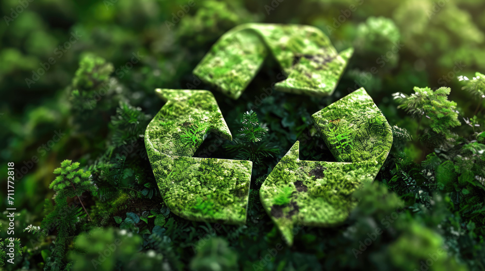 Recycle symbol on a green background among the plants. Eco concept of ...