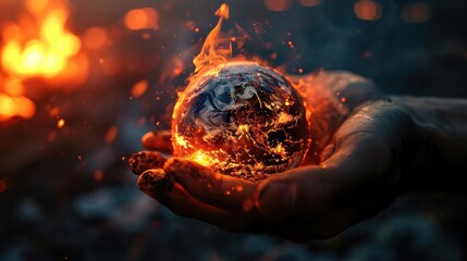 hand holding a planet earth lit on fire generative ai