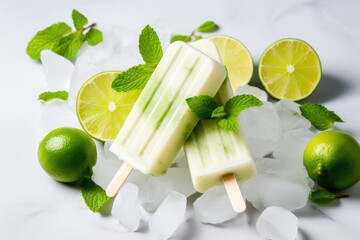 Enjoy the cool and tangy taste of limeade popsicles served on ice with a hint of fresh mints, Lime ice cream popsicles presented with lime slices and mint on a white stone background, AI Generated