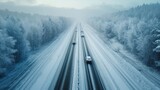 Fototapeta  - Icy Infrastructure, Long Shot of a Snow-Covered Highway with Abandoned Vehicles, Overhead Perspective, Capturing the Scale of Winter's Disruption
