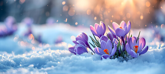 Poster - banner of Crocuses grow from under the snow